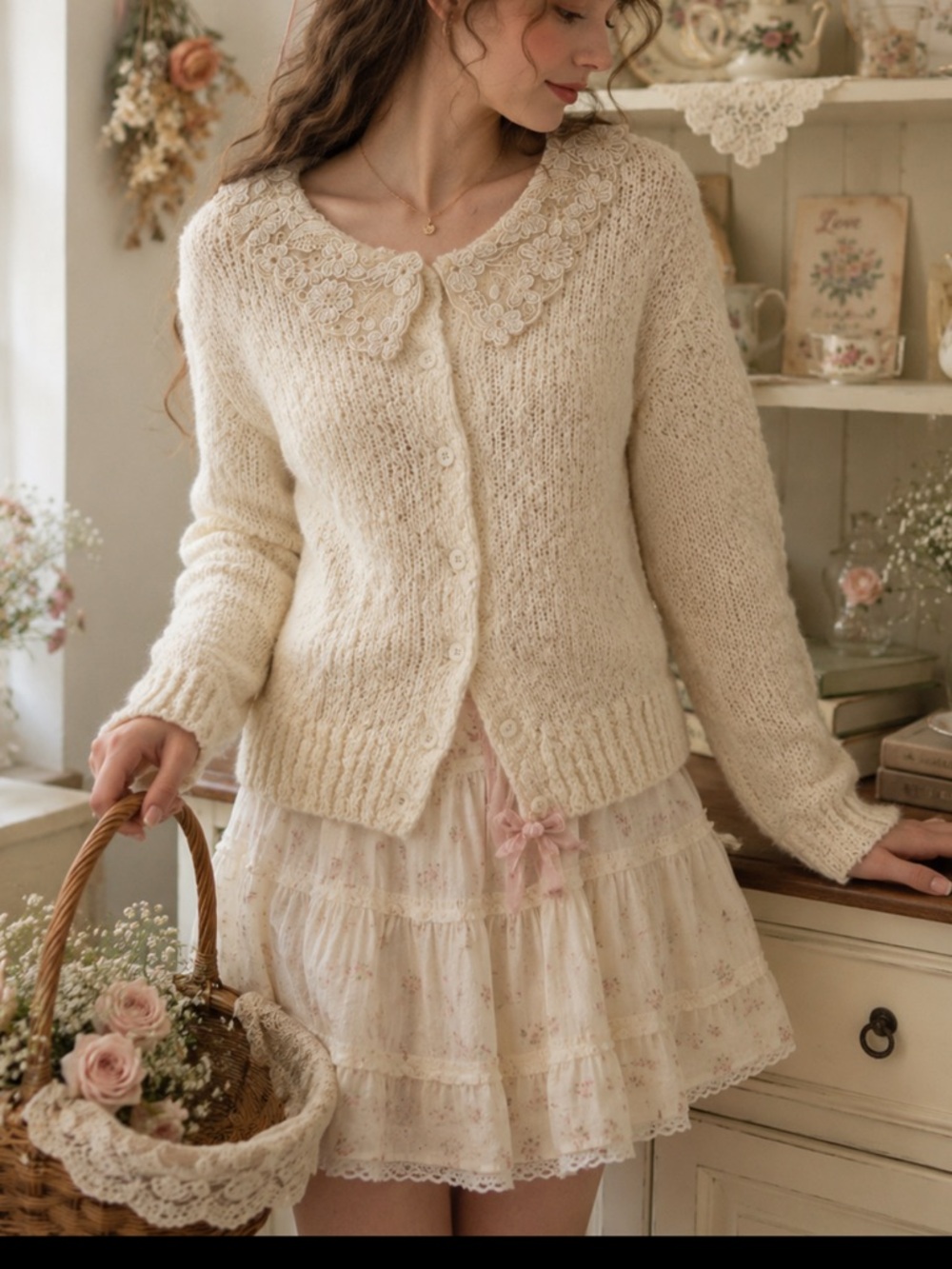 Vintage Womens Knit Sweater Cardigan Lace Eyelet Cottagecore Coquette Grannycore